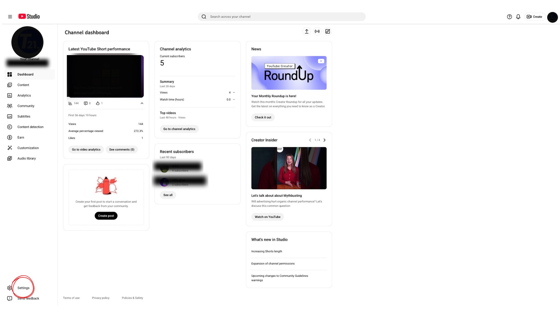 YouTube Studio Settings Menu